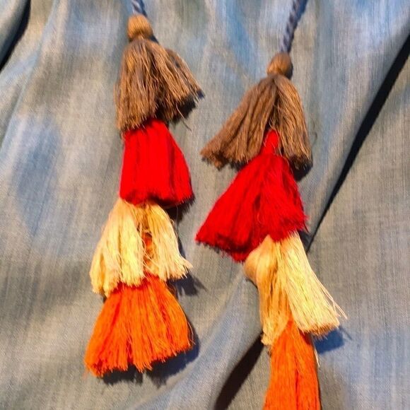 Avani denim chambray shirt bell sleeve tie top oversized tassels blue Medium - Picture 2 of 9